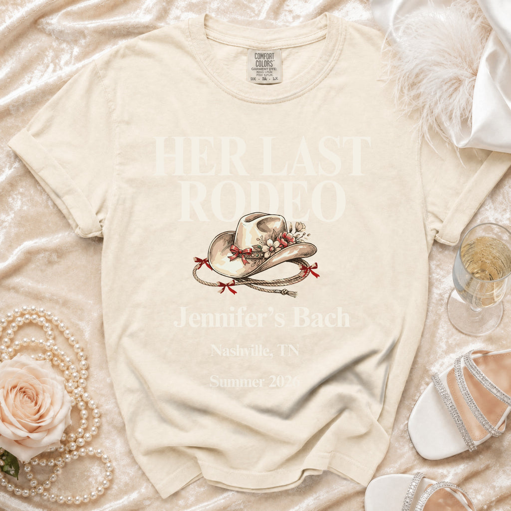 "Her Last Rodeo" graphic tee for Jennifer's Bach, Nashville, TN, Summer 2026.
