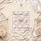 T-shirt with "Happy Haunted Ever After I Do Boo Crew 'Til Death & Beyond" text.