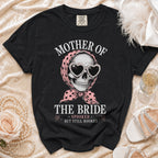 Black t-shirt with "Mother of the Bride, Spooked but Still Booked" graphic.