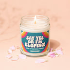 Jar candle with lit wick, reads "Say Yes or I'm Eloping! Maid of Honor, Please!"