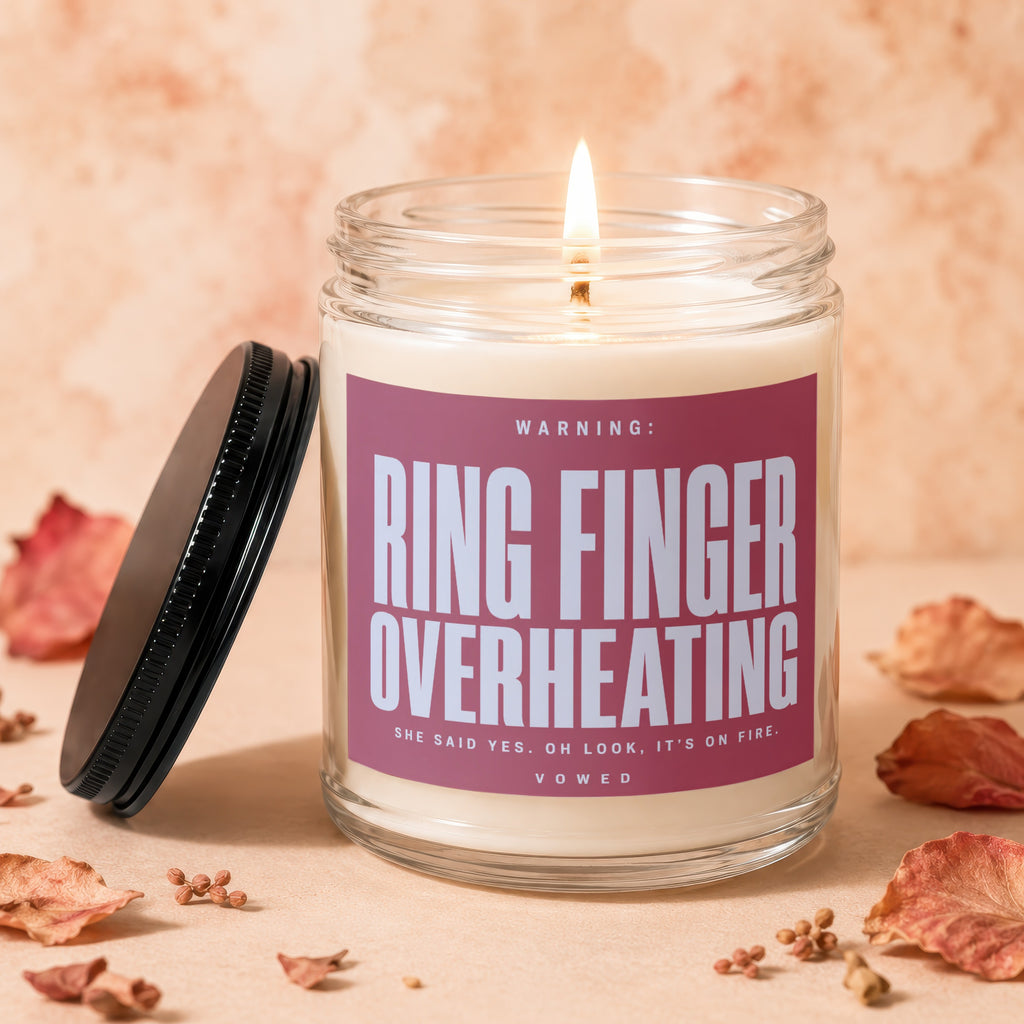 Candle with "Ring Finger Overheating" text, flames, and decorative elements.
