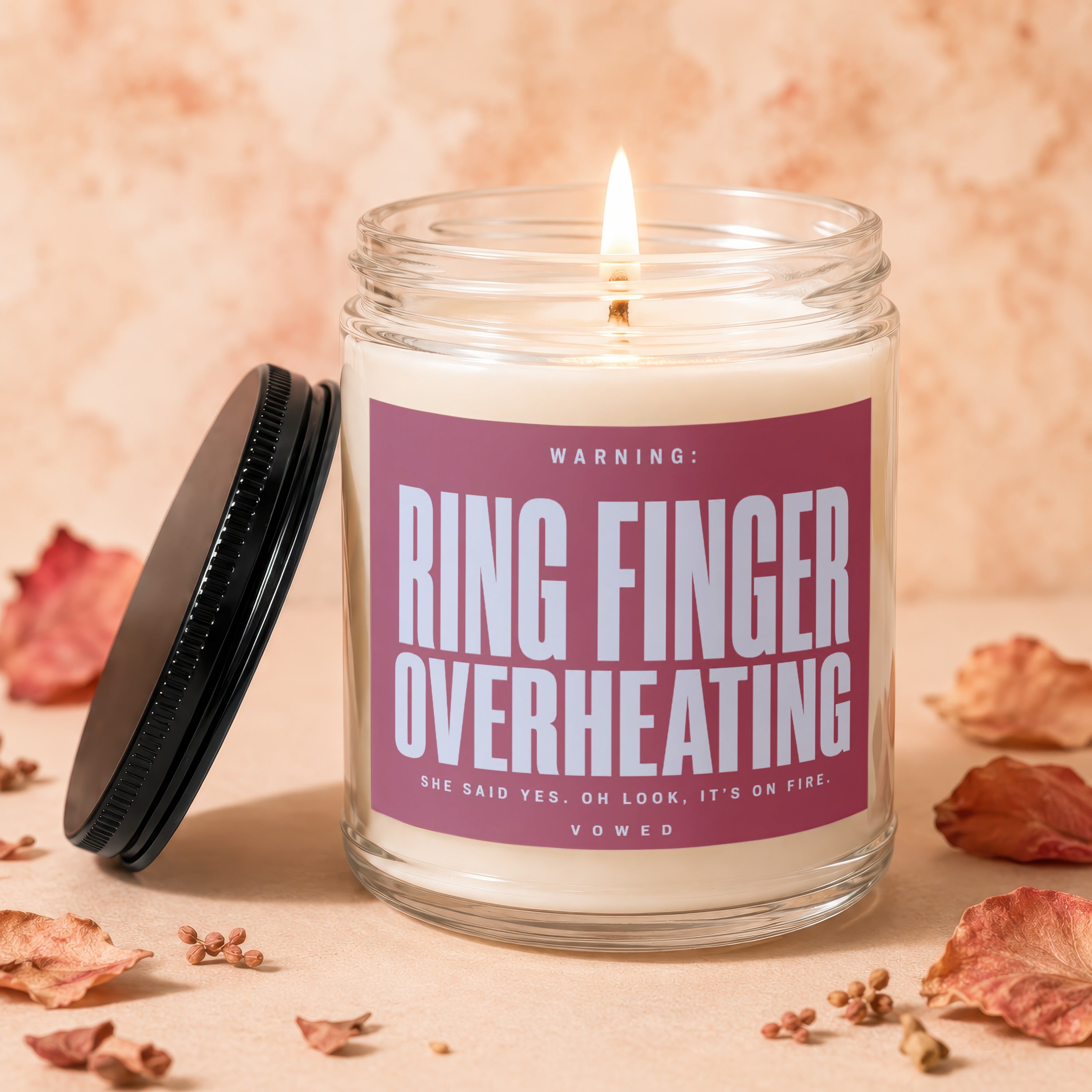 Candle with "Ring Finger Overheating" text, flames, and decorative elements.