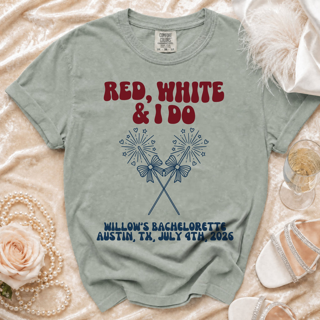 T-shirt with "Red, White & I Do" and bachelorette details.
