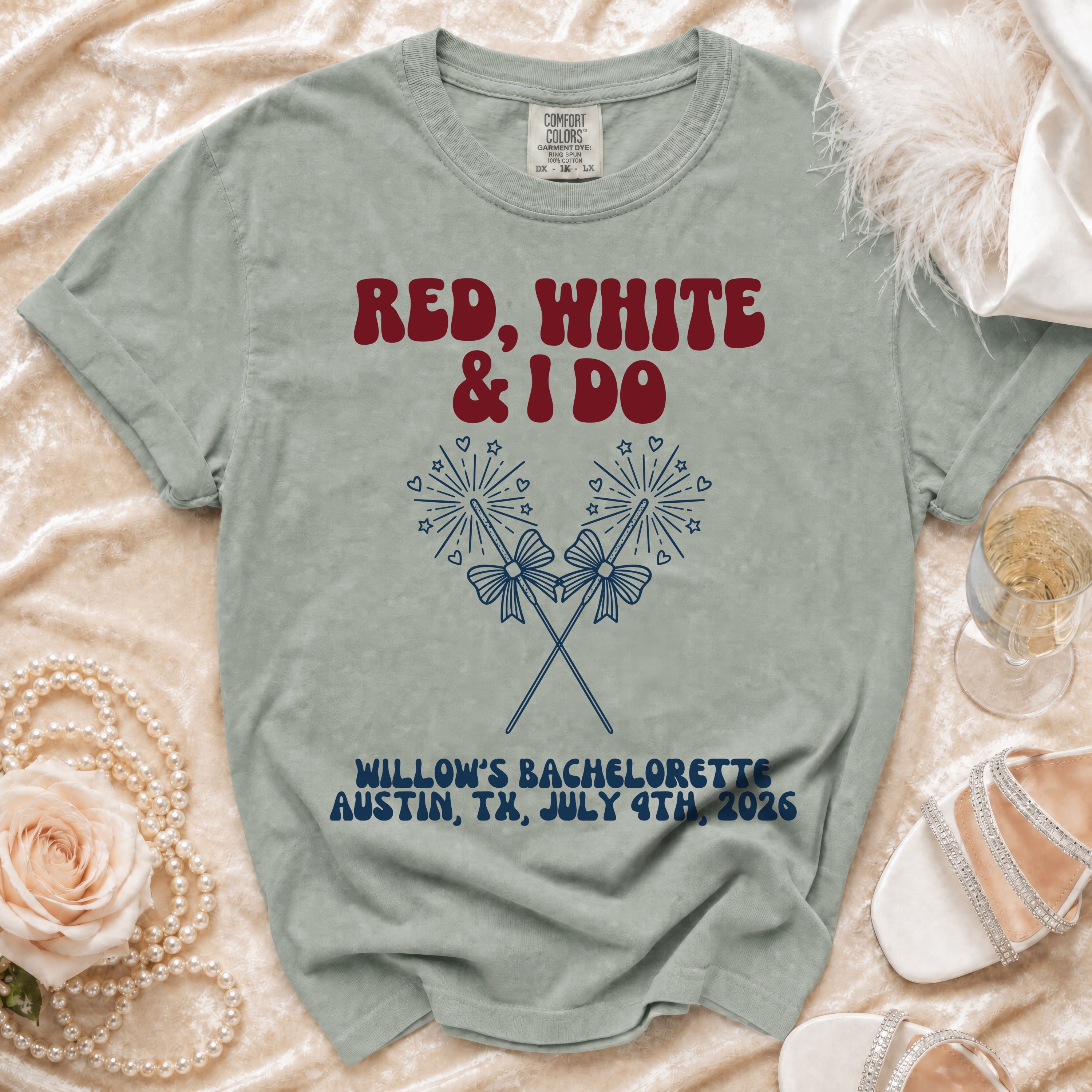 T-shirt with "Red, White & I Do" and bachelorette details.