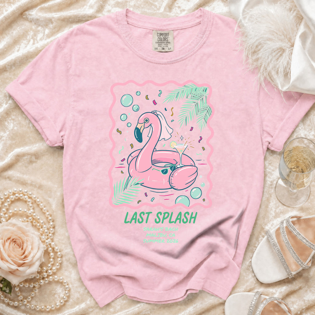 Pink t-shirt with flamingo float, bubbles, and text "Last Splash".