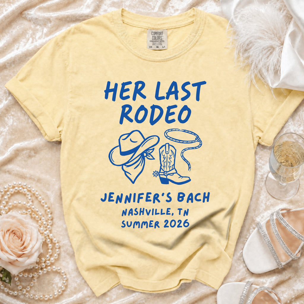 Yellow t-shirt with "Her Last Rodeo" and bachelorette details.