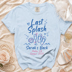 Blue t-shirt with "Last Splash" text and bachelorette party details.