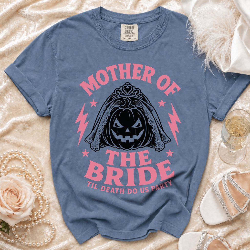 Mother of the Bride t-shirt with Halloween pumpkin bride graphic and "Til Death Do Us Party".
