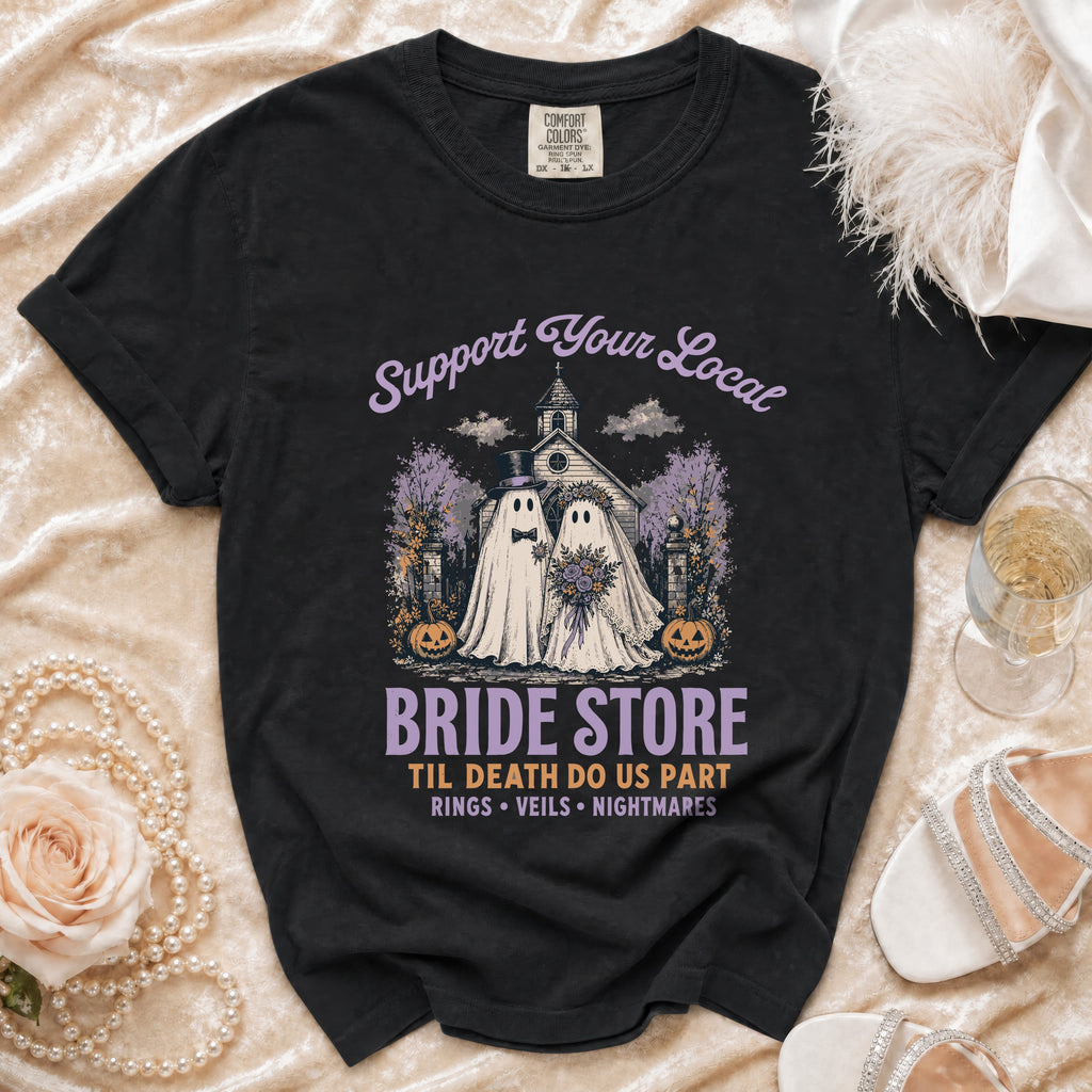 Black t-shirt with "Support Your Local Bride Store" and ghost wedding graphic.