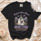Black t-shirt with "Support Your Local Bride Store" and ghost wedding graphic.