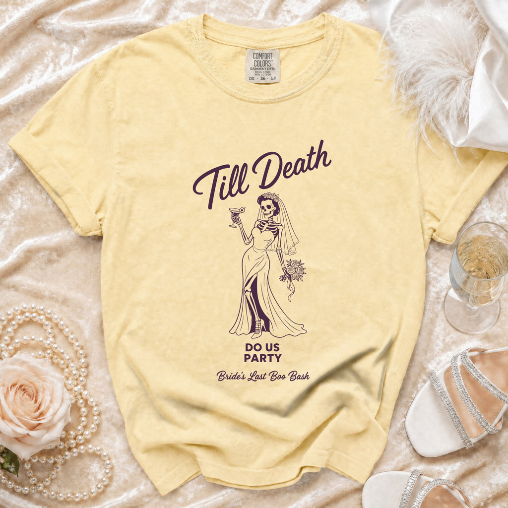Yellow t-shirt with skeleton bride graphic and "Till Death Do Us Party" text.