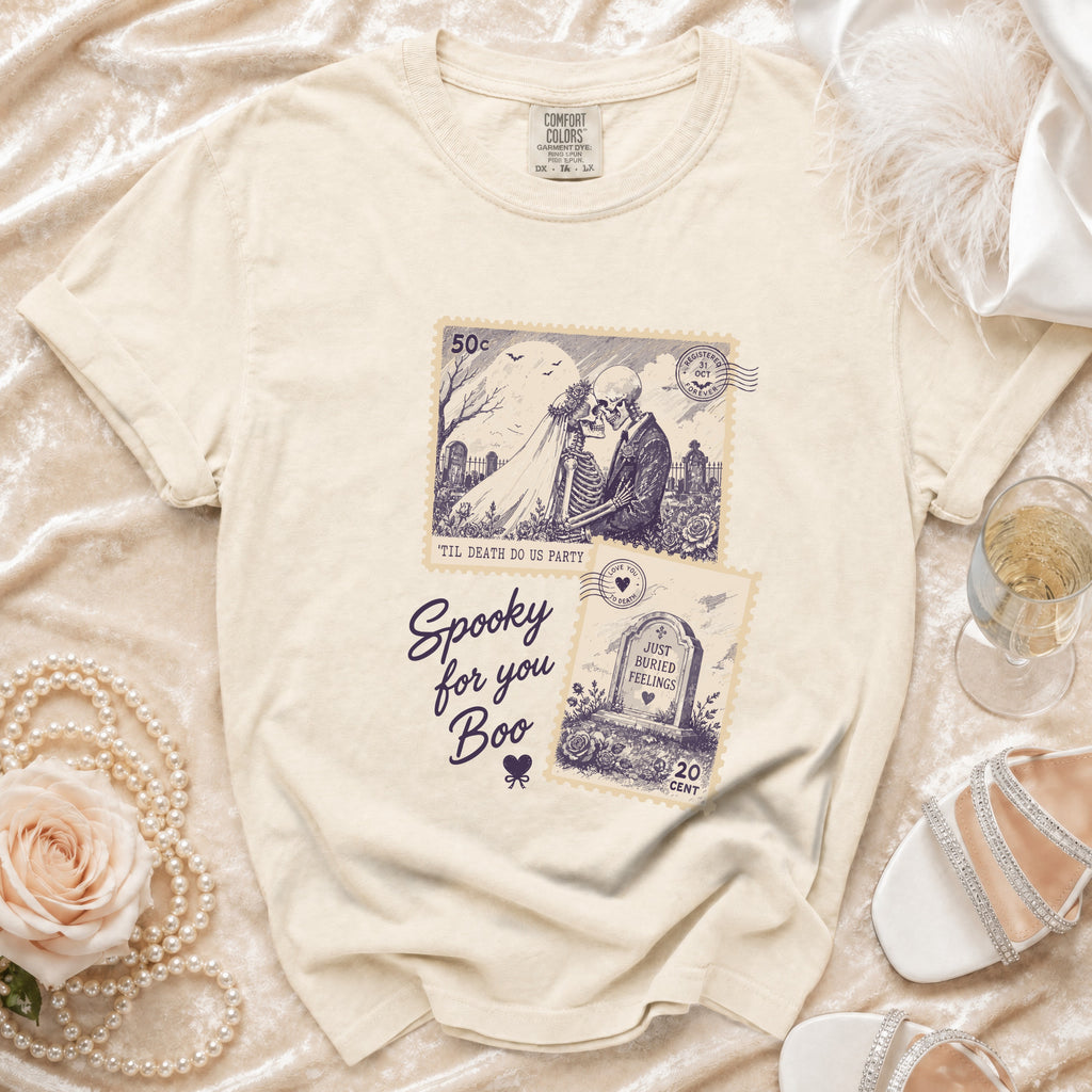 Cream t-shirt with "Spooky for you Boo" and skeleton wedding/tombstone stamps.