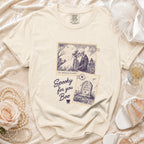 Cream t-shirt with "Spooky for you Boo" and skeleton wedding/tombstone stamps.