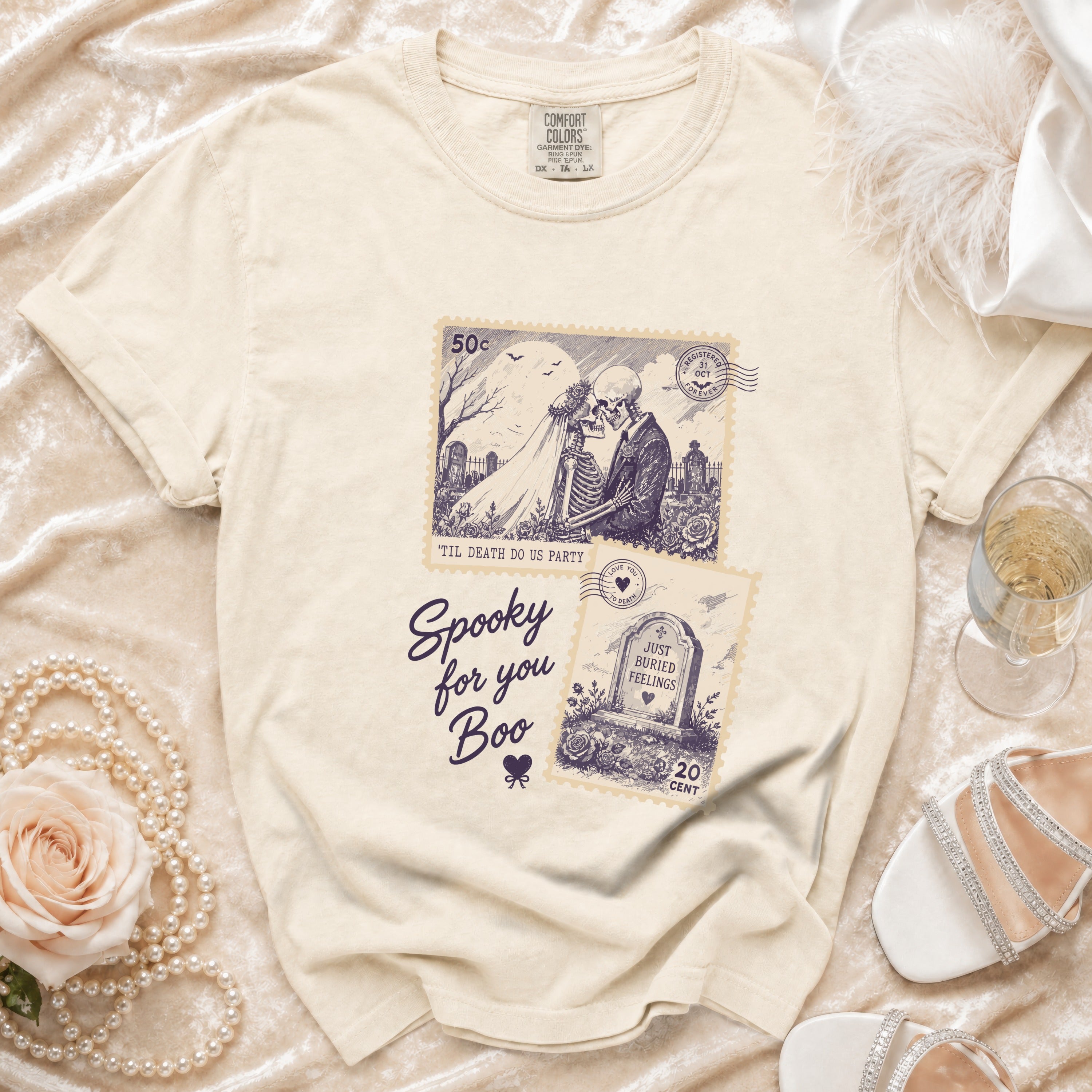 Cream t-shirt with "Spooky for you Boo" and skeleton wedding/tombstone stamps.