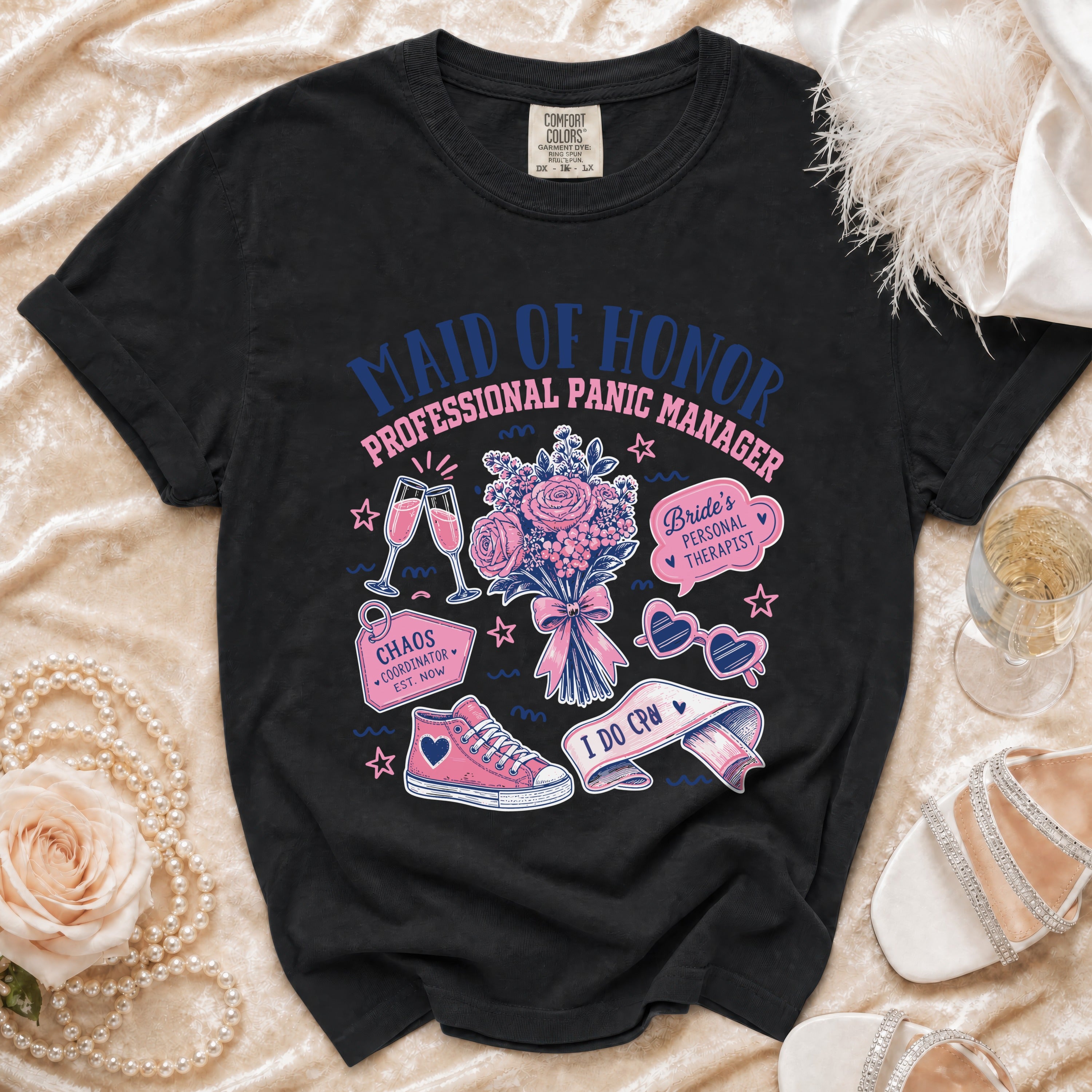 Black t-shirt with "Maid of Honor Professional Panic Manager" text and graphic icons for a wedding.