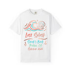 White t-shirt with "Last Splash Sarah's Bach Malibu, CA Summer 2026" text and wave/shell graphic.