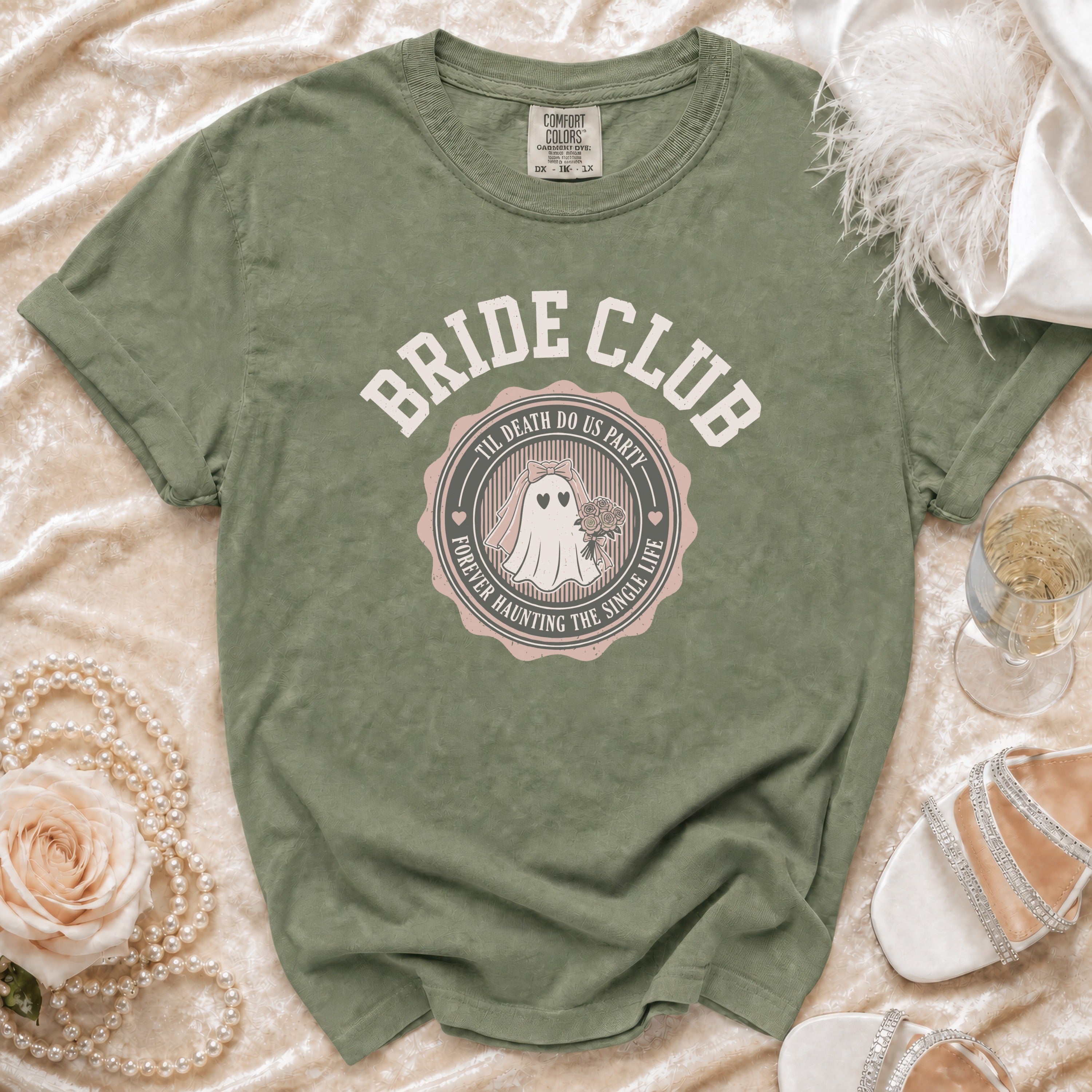 Olive green t-shirt with "Bride Club" and ghost graphic.