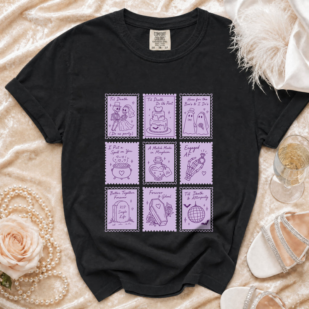 Black t-shirt with a grid of nine purple postage stamp illustrations with spooky wedding themes.