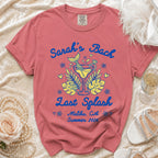 T-shirt with "Sarah's Bach Last Splash Malibu CA Summer 2026" design.