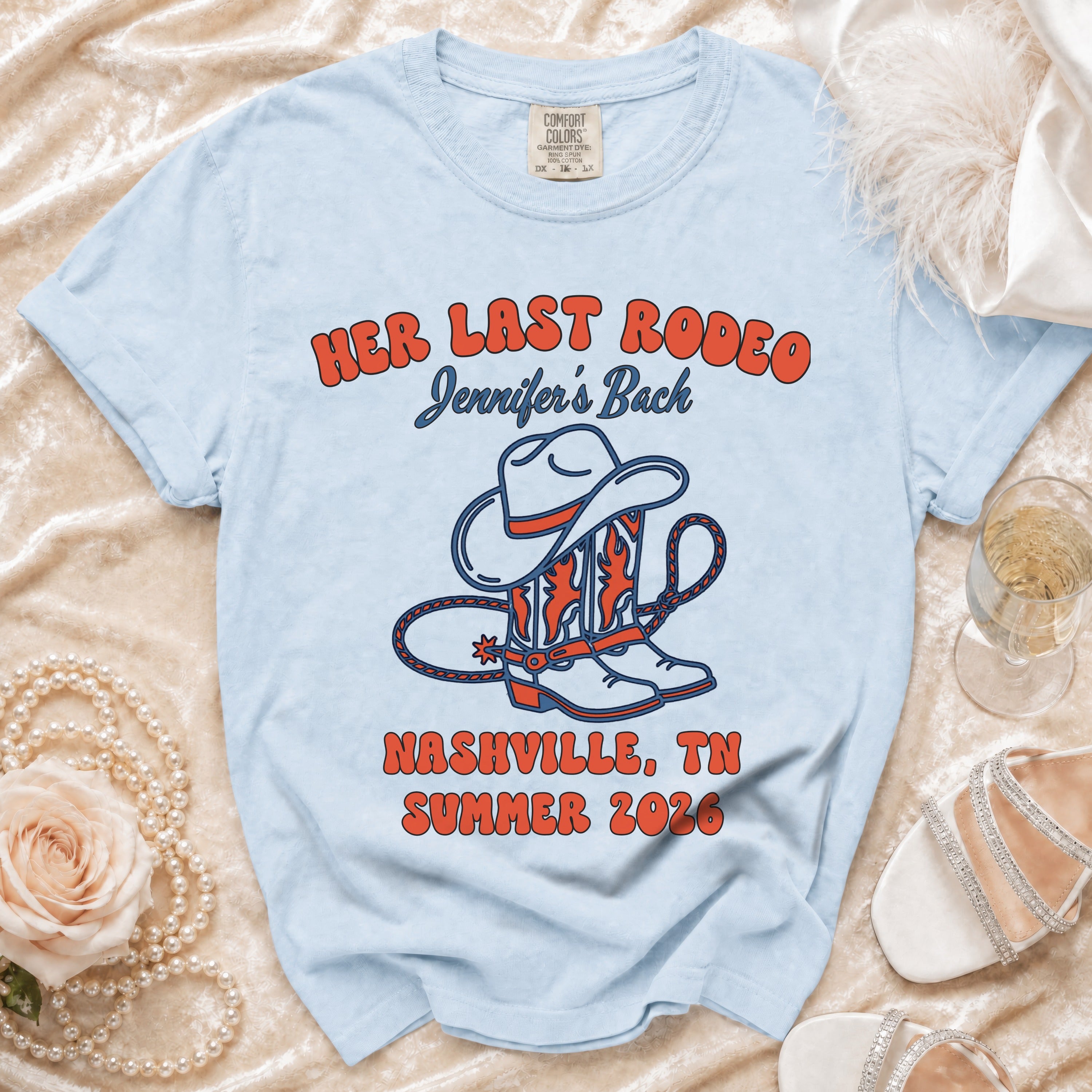 "Her Last Rodeo" graphic tee for Jennifer's Bachelorette in Nashville, Summer 2026.