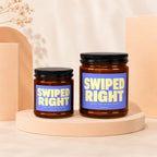 Two glass jars with labels that read "SWIPED RIGHT BEST DECISION EVER VOWED".