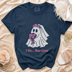 Navy t-shirt with a ghost bride graphic and "I Do... Boo Crew" text.