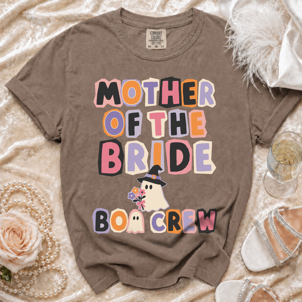 Brown t-shirt with "MOTHER OF THE BRIDE BOO CREW" and a ghost graphic.
