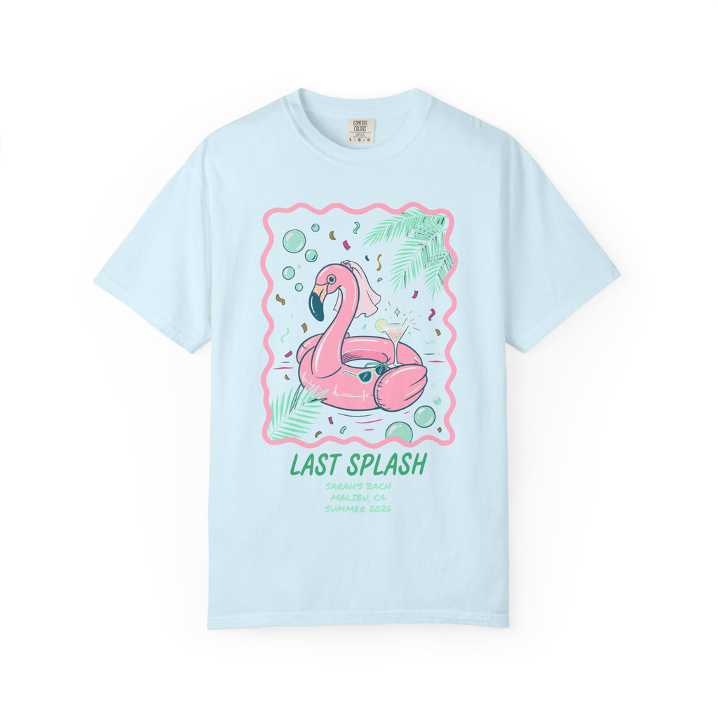 Light blue t-shirt with a pink flamingo float and "Last Splash" text.