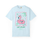 Light blue t-shirt with a pink flamingo float and "Last Splash" text.