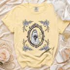 Yellow t-shirt with ghost bride graphic and floral border.