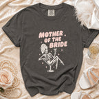 Dark gray t-shirt with "Mother of the Bride" text and skeleton graphic.