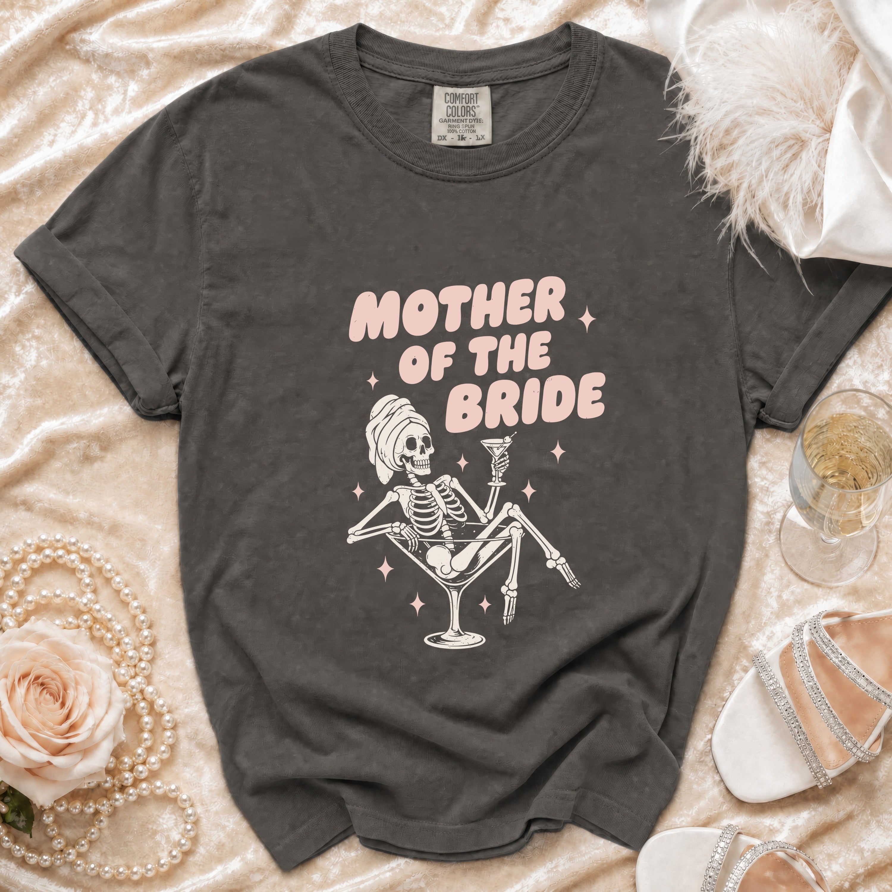 Dark gray t-shirt with "Mother of the Bride" text and skeleton graphic.
