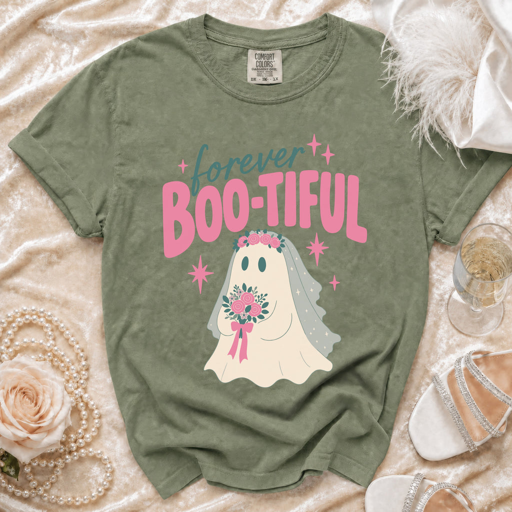 Green t-shirt with "forever BOO-TIFUL" text and a bride ghost graphic.