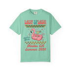 "Last Splash Sarah's Bach" text on a mint green t-shirt with flamingo float.