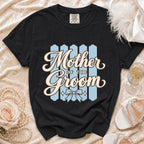 Black t-shirt with "Mother of the Groom" text, bow, and stars graphic.