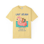 T-shirt with "Last Splash Sarah's Bach Summer 2026" and flamingo float illustration.