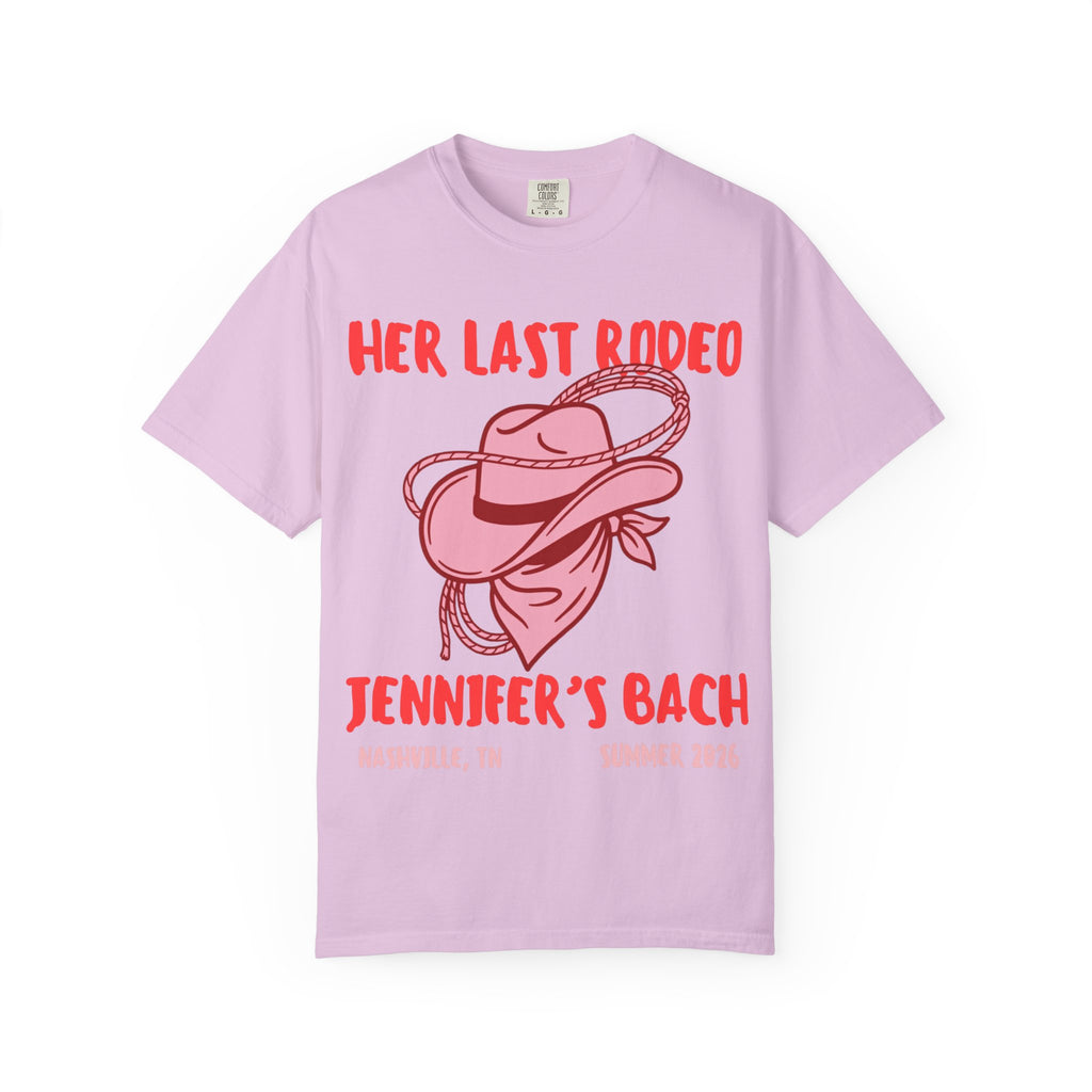 Pink t-shirt with "Her Last Rodeo Jennifer's Bach" text and cowboy hat graphic.