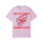 Pink t-shirt with "Her Last Rodeo Jennifer's Bach" text and cowboy hat graphic.