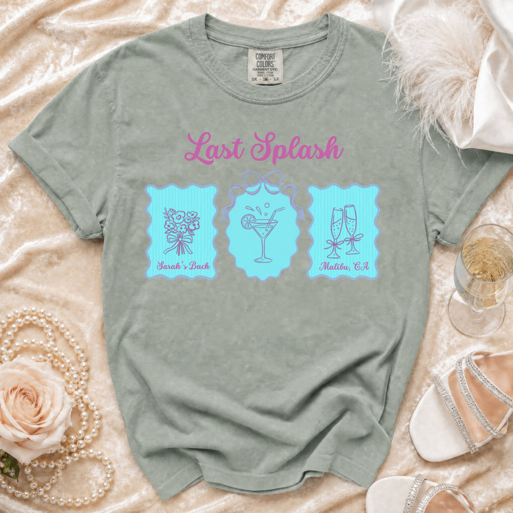 Gray t-shirt with "Last Splash Sarah's Bach Malibu, CA" text and graphics.