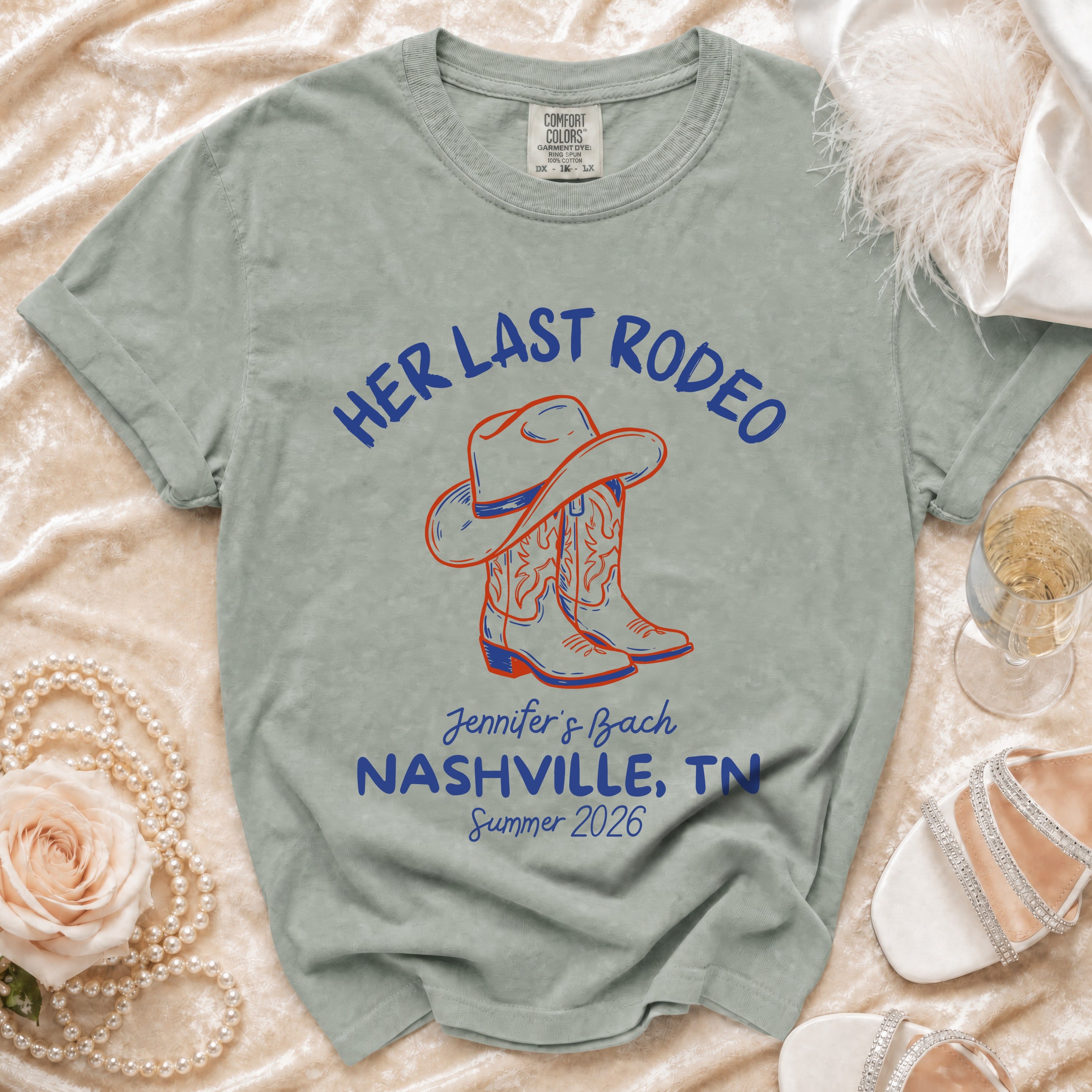 Her Last Rodeo t-shirt with cowboy boots, hat, Nashville, TN, Summer 2026.