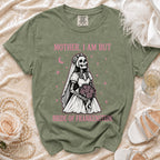 Olive green t-shirt with skeleton bride graphic and text "MOTHER, I AM BUT BRIDE OF FRANKENSTEIN."