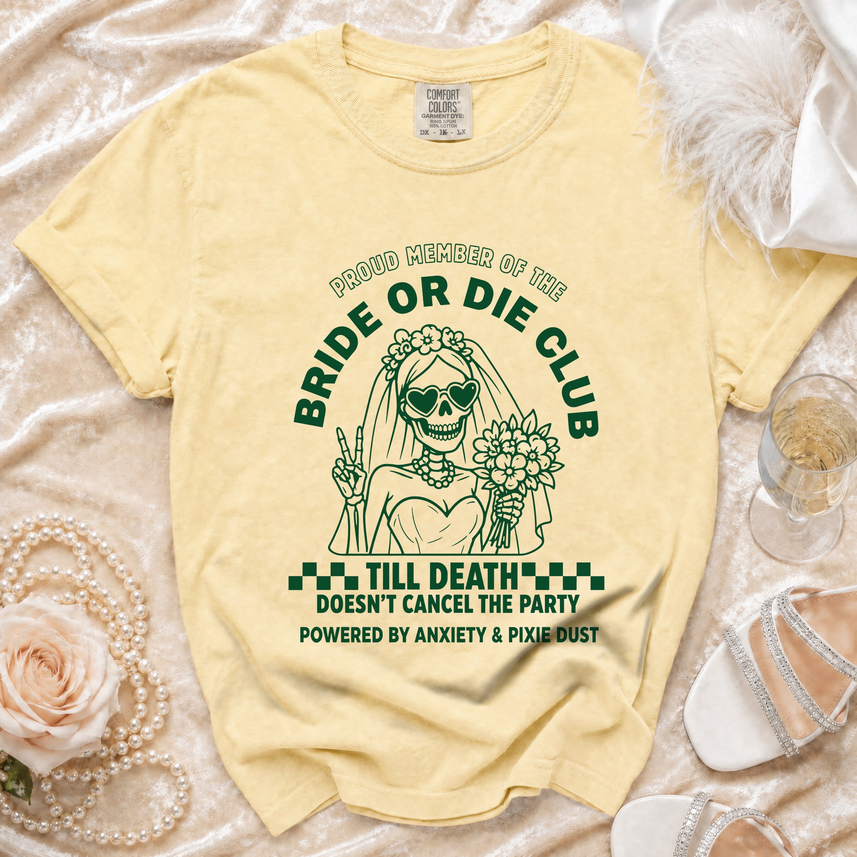 Yellow t-shirt with "Bride or Die Club" design featuring a skeleton bride and party phrase.