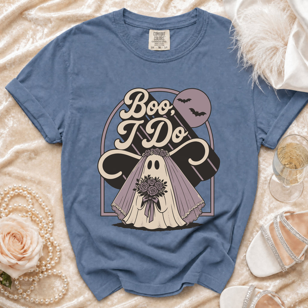 Blue t-shirt with "Boo, I Do" graphic featuring a ghost bride holding flowers.