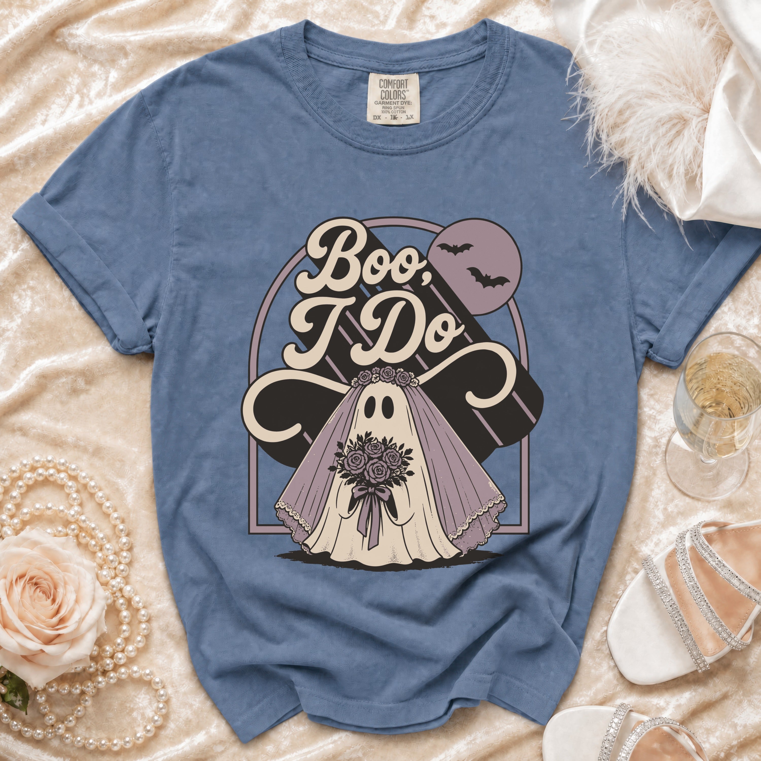 Blue t-shirt with "Boo, I Do" graphic featuring a ghost bride holding flowers.