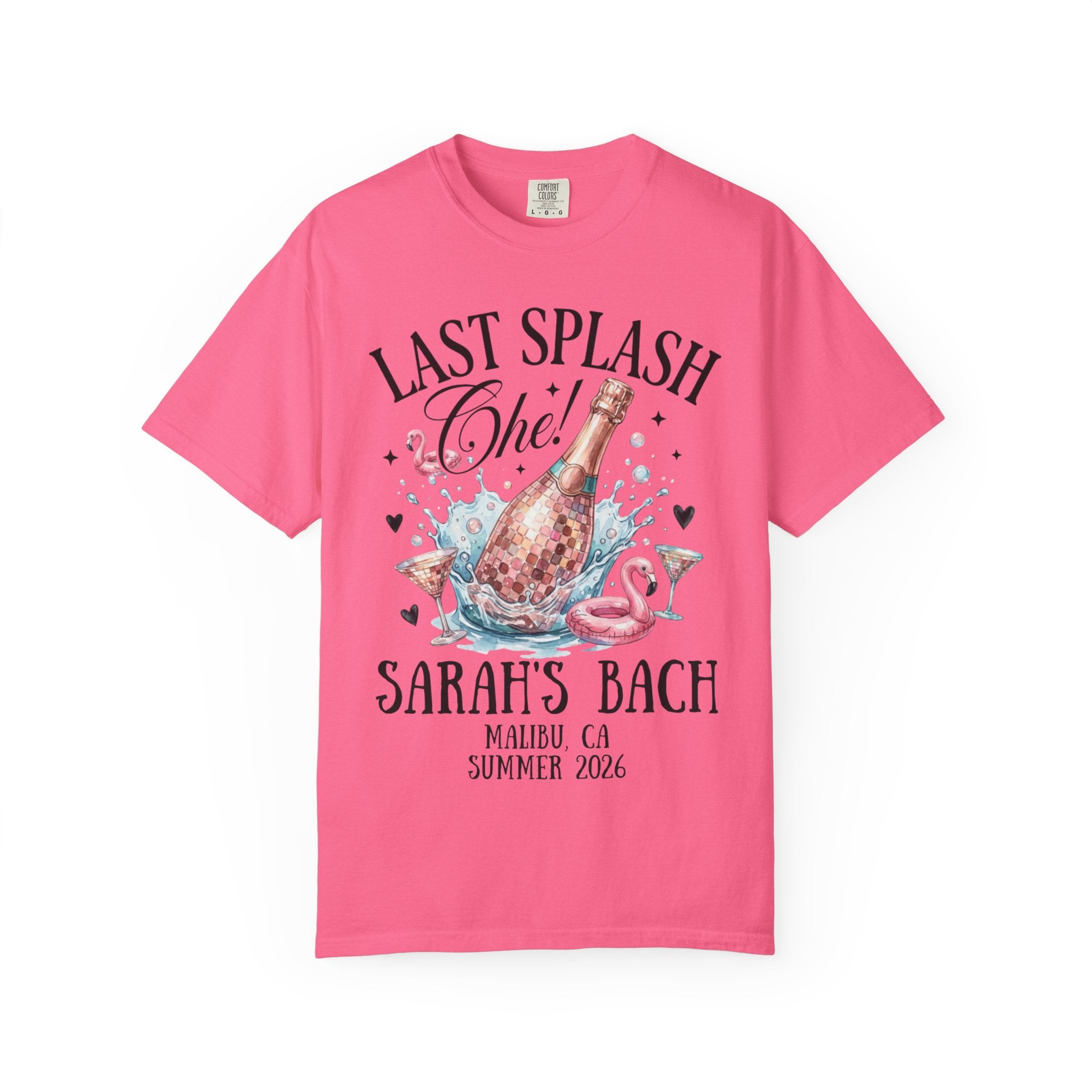Pink t-shirt with "Last Splash" design featuring champagne, glasses, and flamingo.