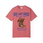 "Her Last Rodeo Jennifer's Back" graphic tee with cowboy hat and boots.