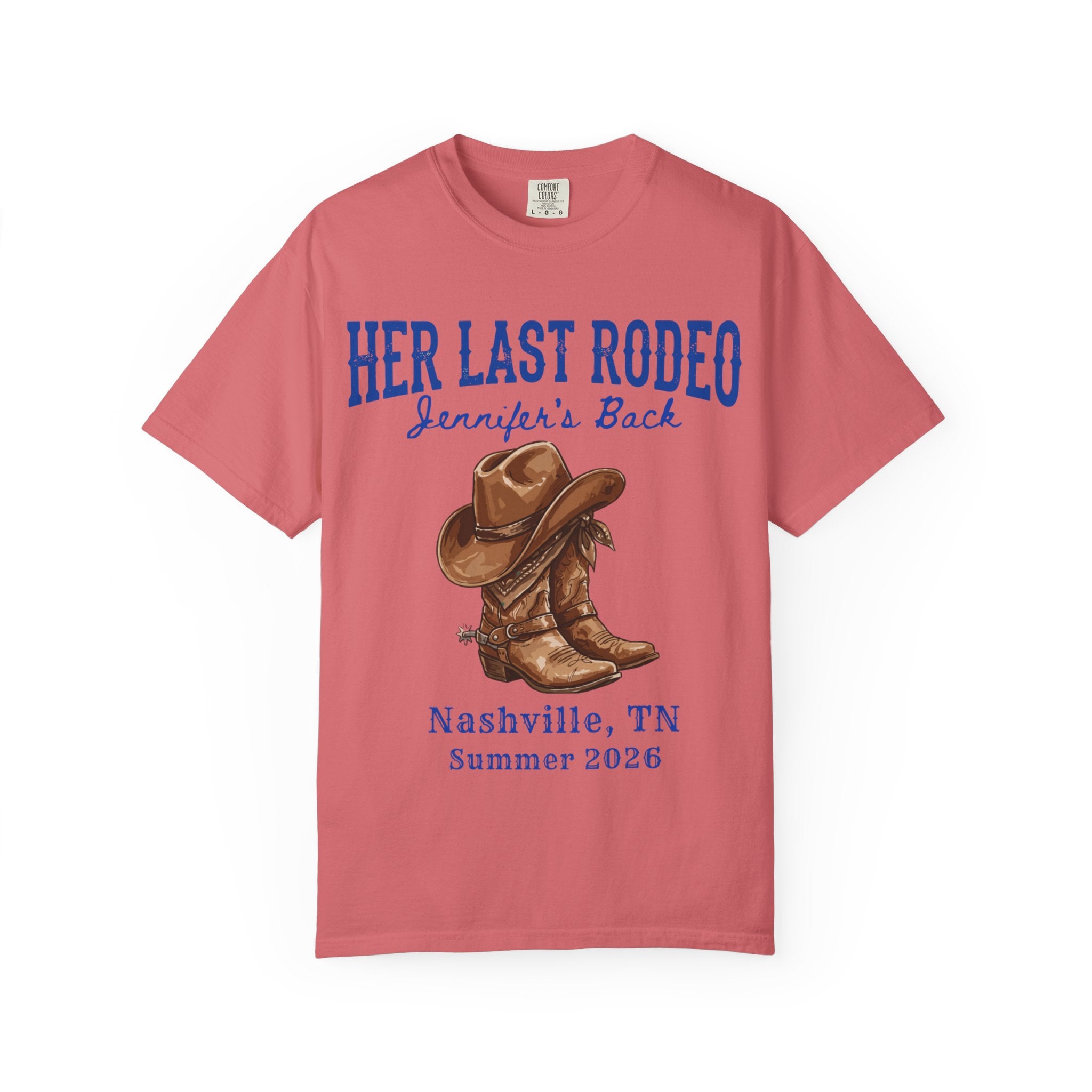 "Her Last Rodeo Jennifer's Back" graphic tee with cowboy hat and boots.