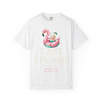 White t-shirt with flamingo float and "Last Splash Sarah's Bach Malibu, CA Summer 2026" text.