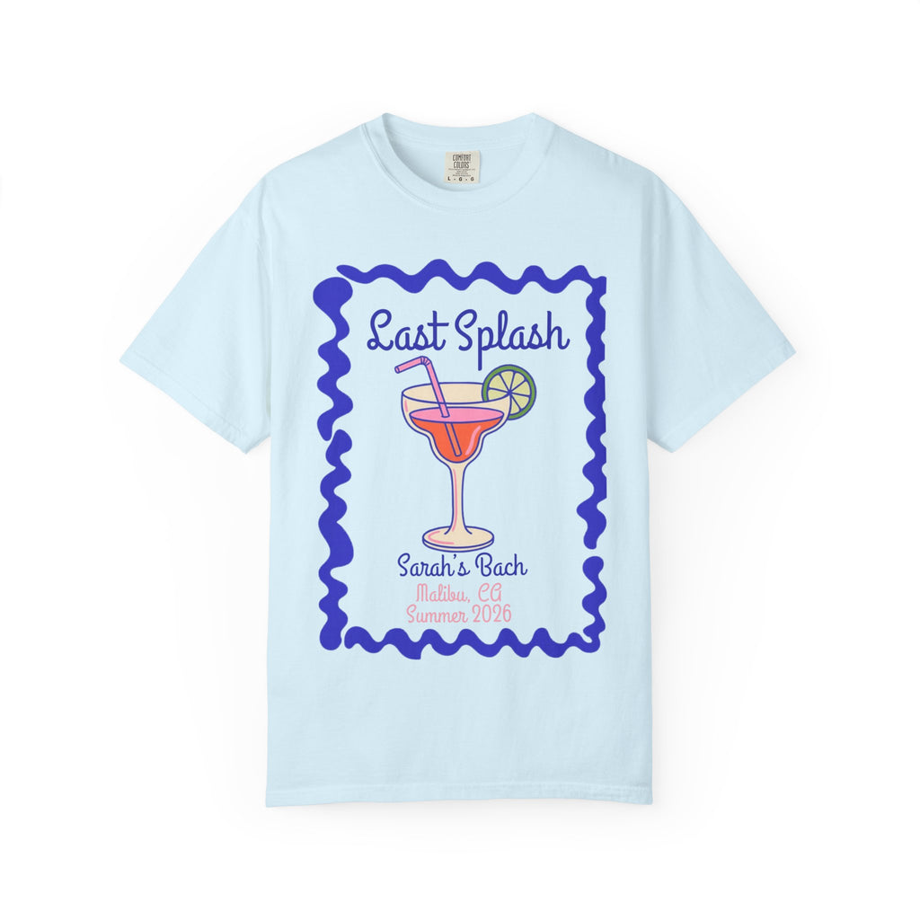 Light blue t-shirt with "Last Splash" cocktail graphic and event details.