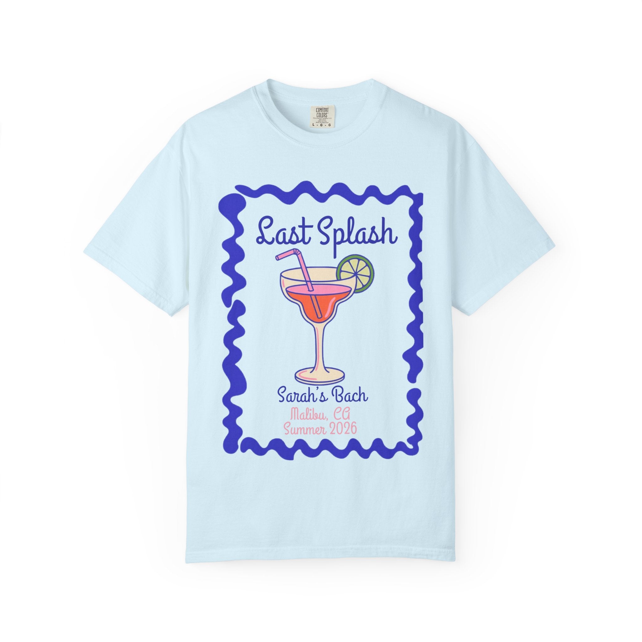 Light blue t-shirt with "Last Splash" cocktail graphic and event details.